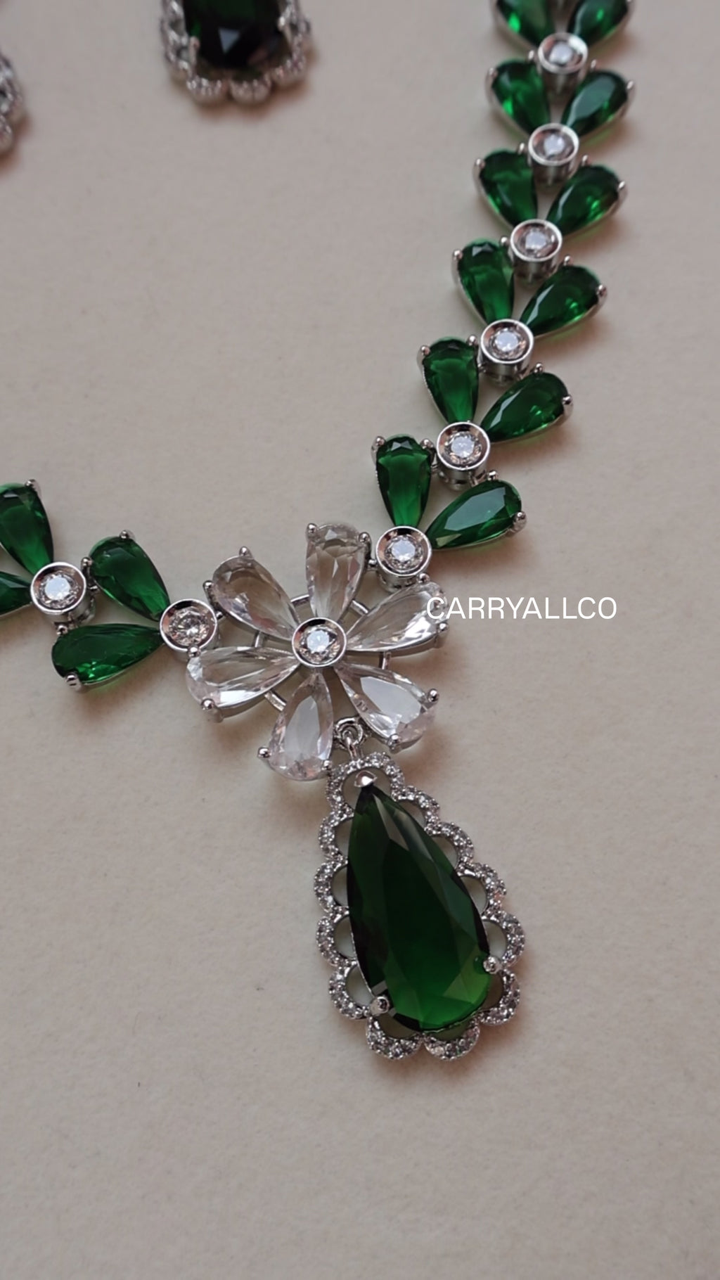 Emerald Green Marquise American Diamond Necklace Set