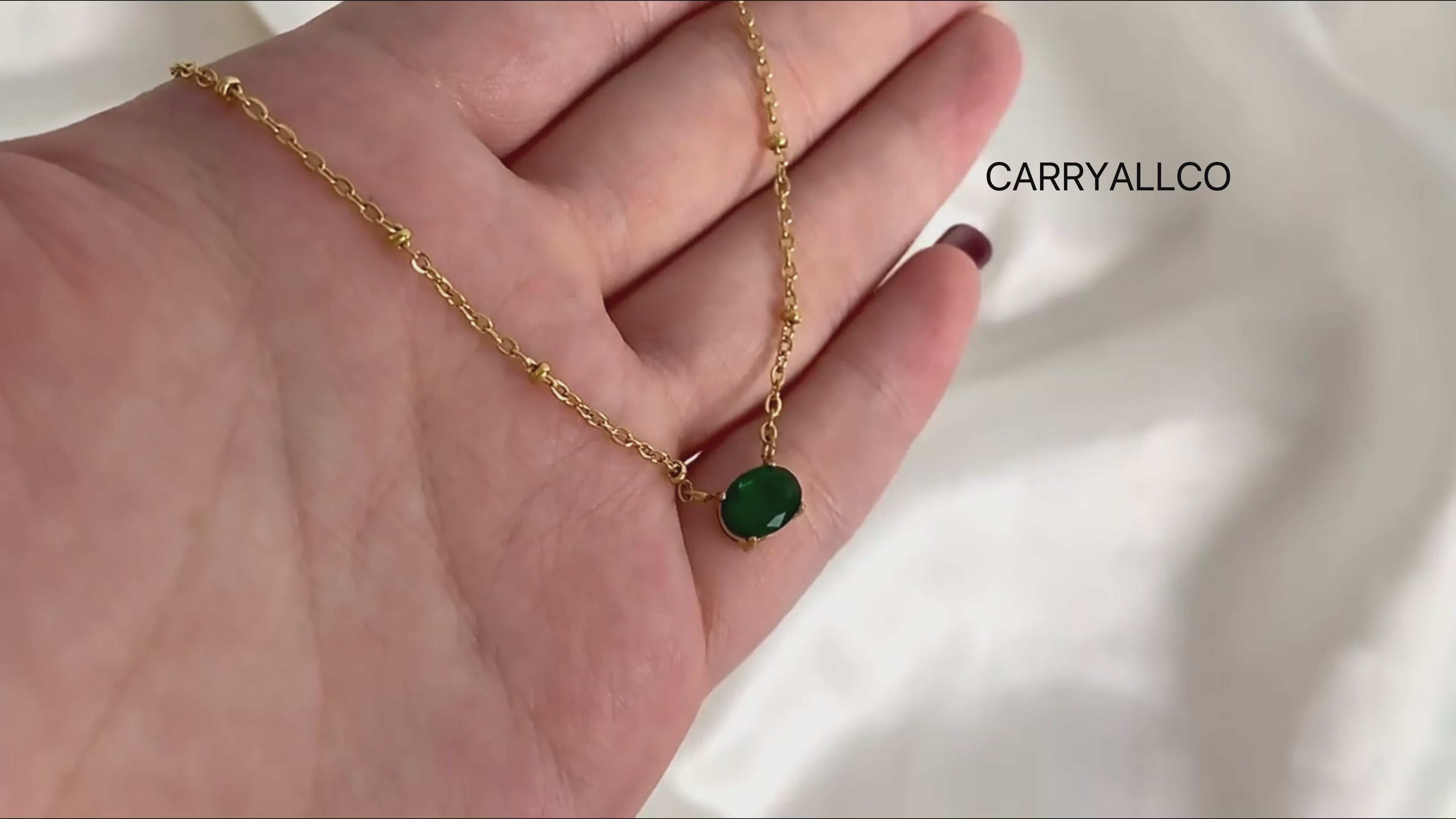 18K Gold Plated Oval Green Brilliant Cut Stone Beaded Necklace