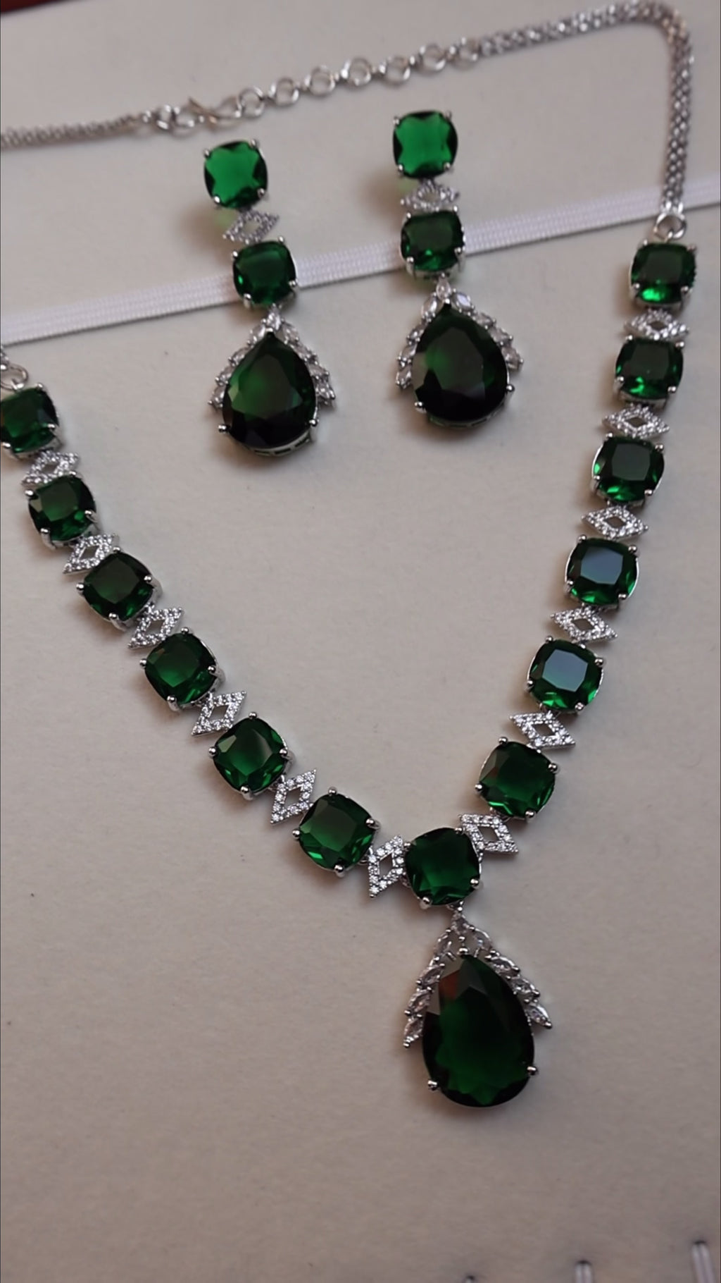 Green Teardrop American Diamond Necklace Set