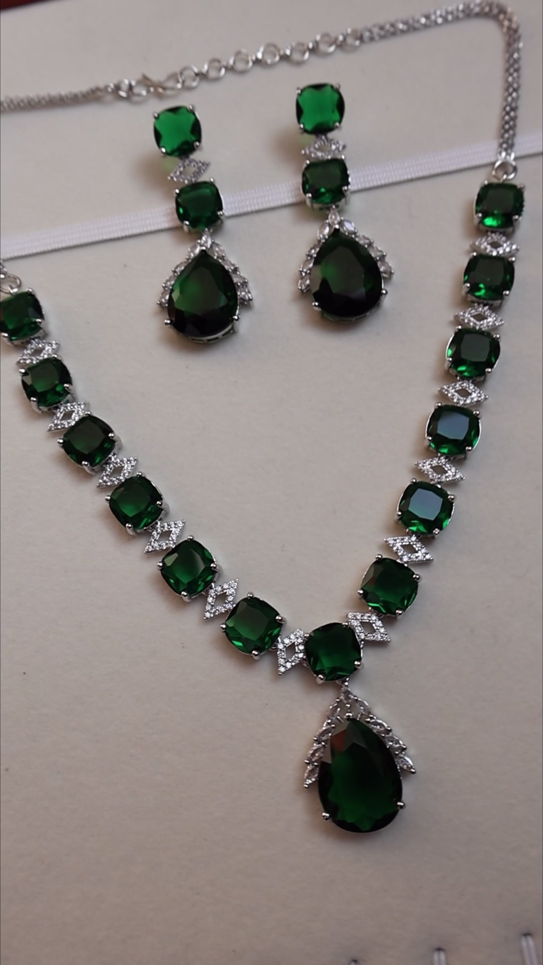 Green Teardrop American Diamond Necklace Set