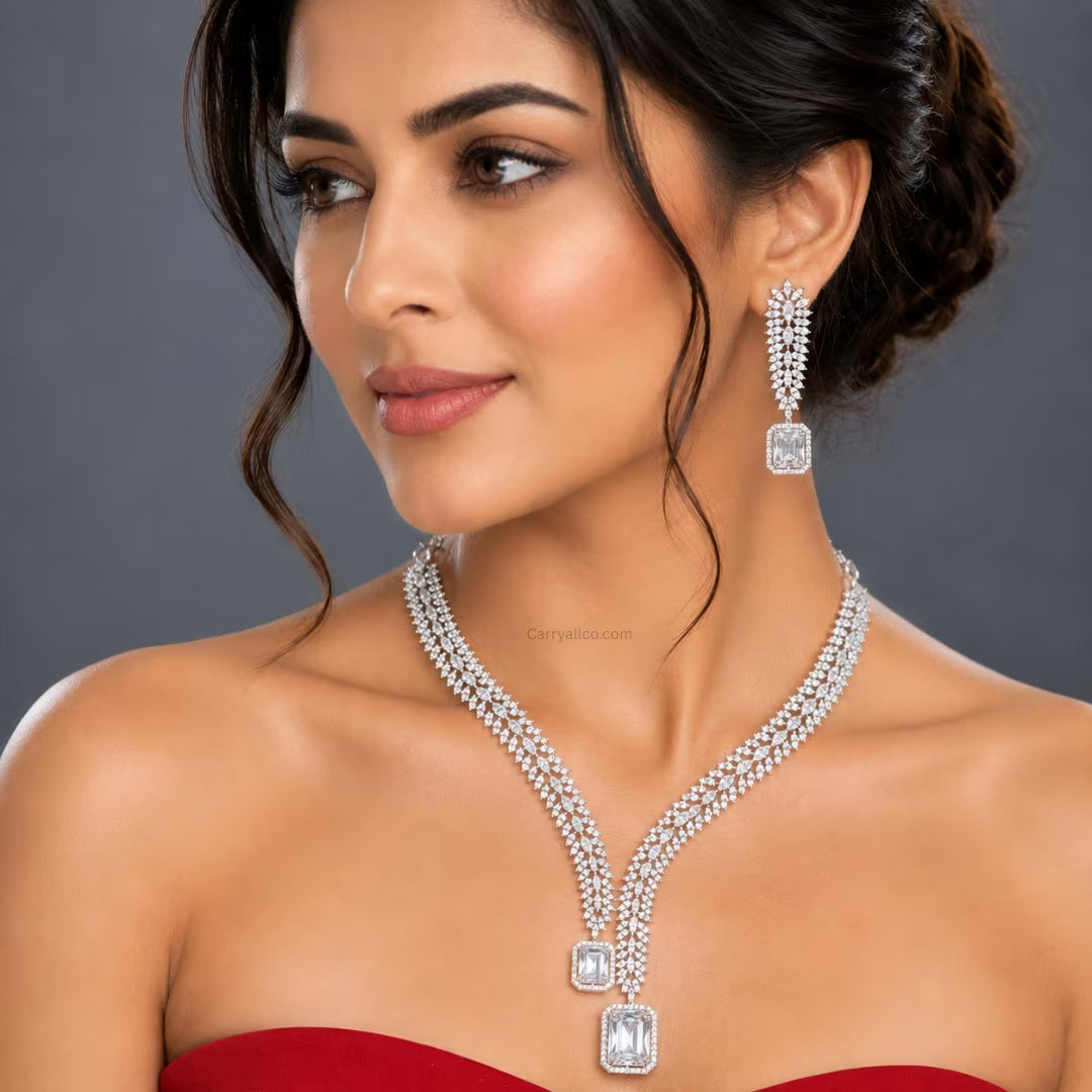 Crystal Leaf Necklace Set with Drop Earrings – Clear Silver – American Diamond | CARRYALLCO